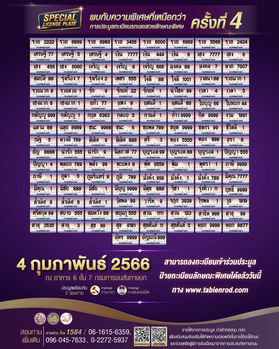 กรมการขนส่งทางบก เตรียมเปิดประมูลทะเบียนรถพิเศษ SUPERPREMIUM เริ่มต้น 1.5 ล้าน วันเสาร์ที่ 4 ก.พ. 66
