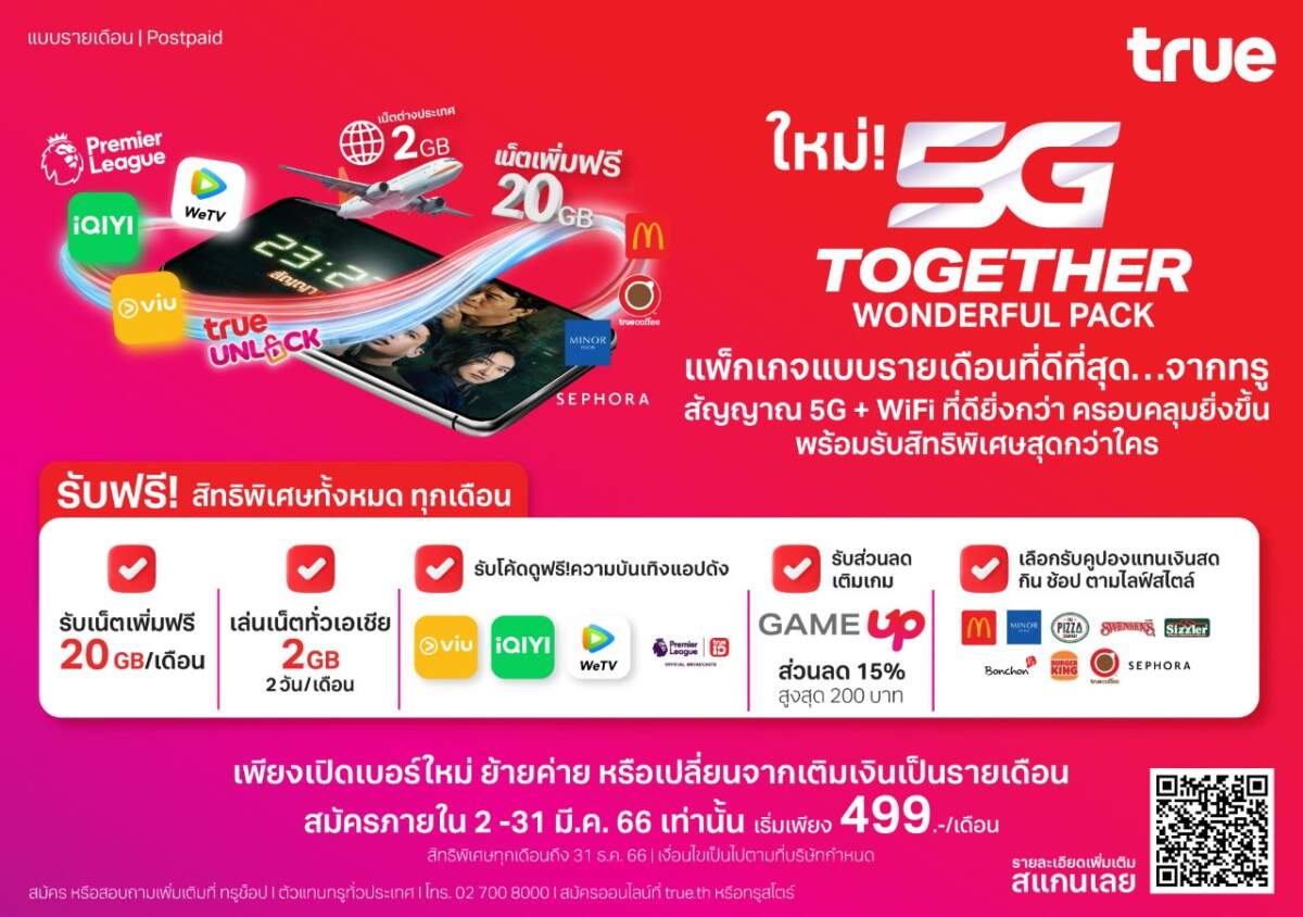 True ส่งแพ็กเกจ "5G Together Wonderful Pack" จัดเต็มทั้งเน็ต ดูคอนเทนต์ ผ่านแอปดังฟรี