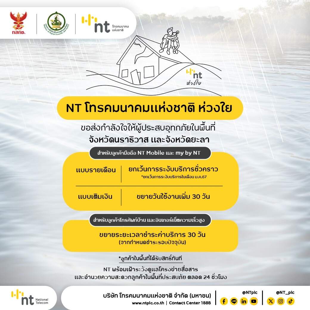 NT แสดงความห่วงใยและขอส่งกำลังใจให้ผู้ประสบอุทกภัยในพื้นที่จังหวัดนราธิวาสและยะลา