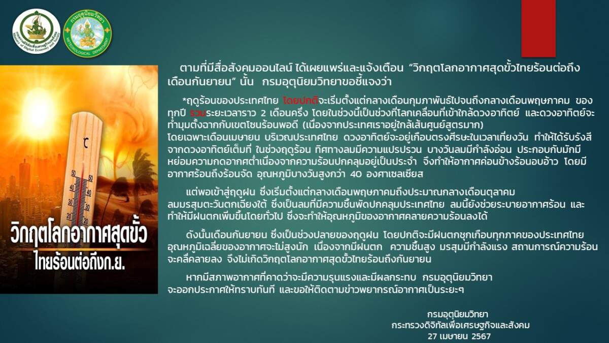 กรมอุตุฯ แจง โลกโซเชียลแห่แชร์ "ไทยร้อนถึงเดือนกันยายน" ไม่เป็นความจริง