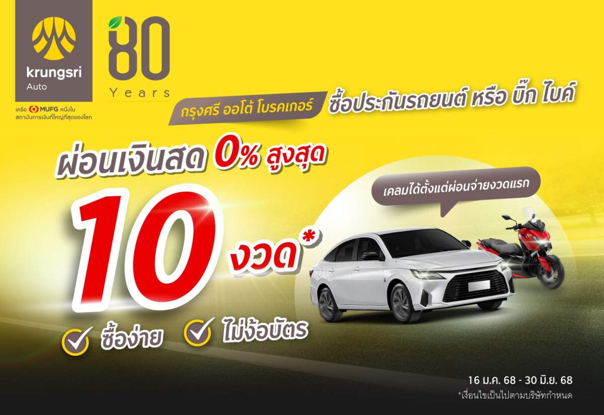 กรุงศรี ออโต้ โบรคเกอร์ เปิดทางเลือกใหม่! ผ่อนประกันรถยนต์สบายๆ ดอกเบี้ย 0% นาน 10 เดือน พร้อมรับความคุ้มครองทันที