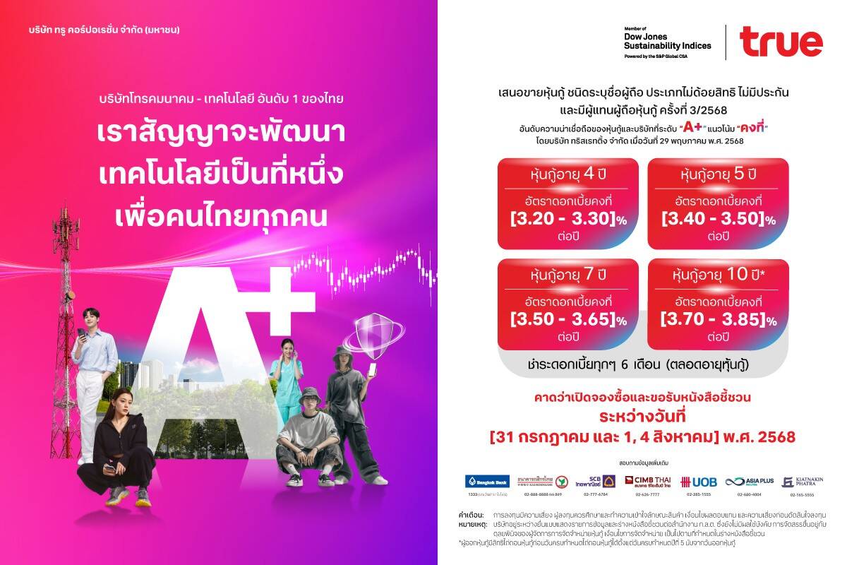 True ส่งหุ้นกู้ A+ ชวนนักลงทุนล็อกผลตอบแทนมั่นคง จังหวะดีก่อนดอกเบี้ยลด