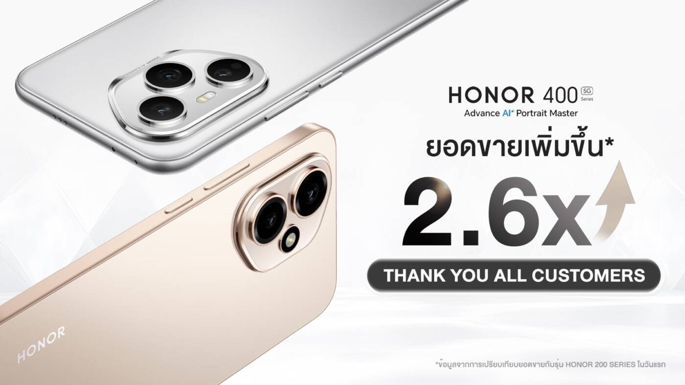 HONOR 400 Series ทุบสถิติ! ยอดจองถล่มทลาย 2.6 เท่า ตอกย้ำพลังสมาร์ทโฟนกล้อง AI แห่งปี