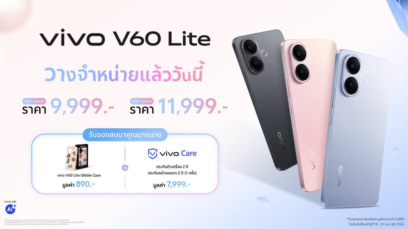 vivo V60 Lite 'ไม่กั๊กสเปก' แบตเตอรี่ 6500mAh ชิป Dimensity 7360-Turbo ราคาเริ่มต้น 9,999 บาท