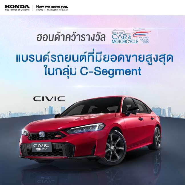 ฮอนด้า คว้ารางวัล แบรนด์รถยนต์ที่มียอดขายสูงที่สุดในกลุ่ม C-Segment