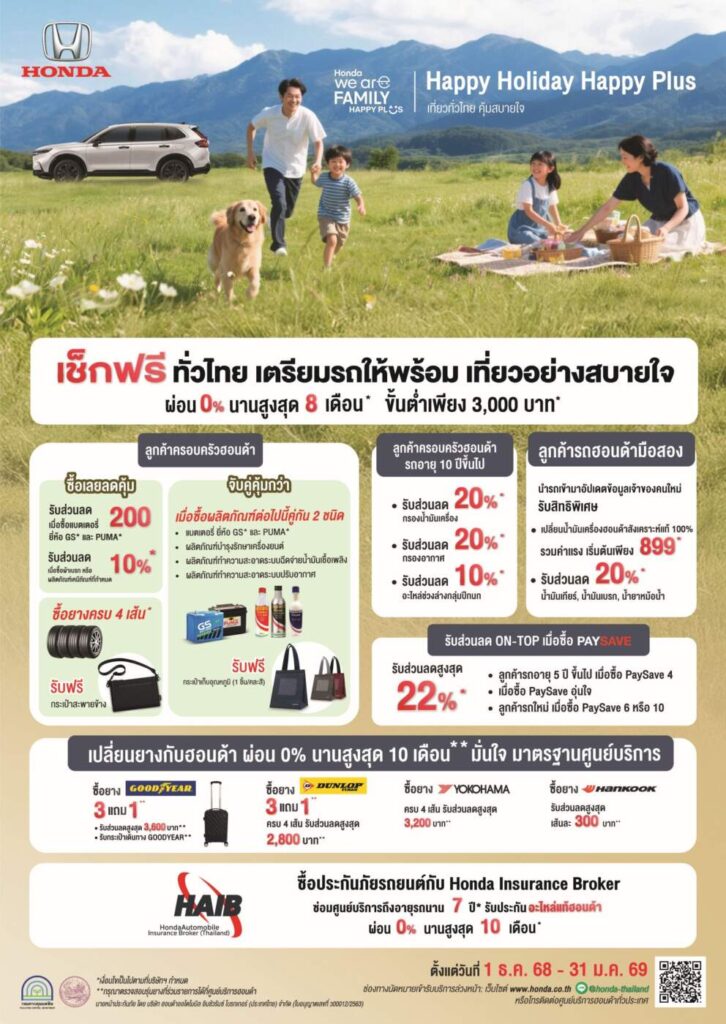 โปรโมชั่นฮอนด้า ตรวจสภาพรถฟรี รับปีใหม่ 2569