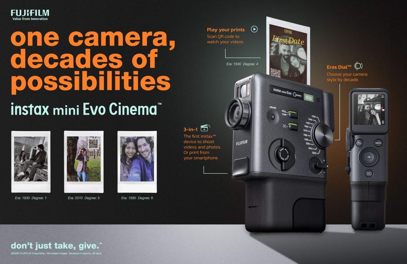 instax mini Evo Cinema กล้องไฮบริด 'ถ่ายวิดีโอ-พิมพ์รูป' ในตัวเดียว พร้อมปุ่ม Eras Dial ย้อนยุคสุดคลาสสิก