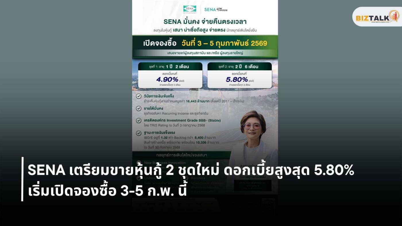 SENA เตรียมขายหุ้นกู้ 2 ชุดใหม่ ดอกเบี้ยสูงสุด 5.80% เริ่มเปิดจองซื้อ 3-5 ก.พ. นี้