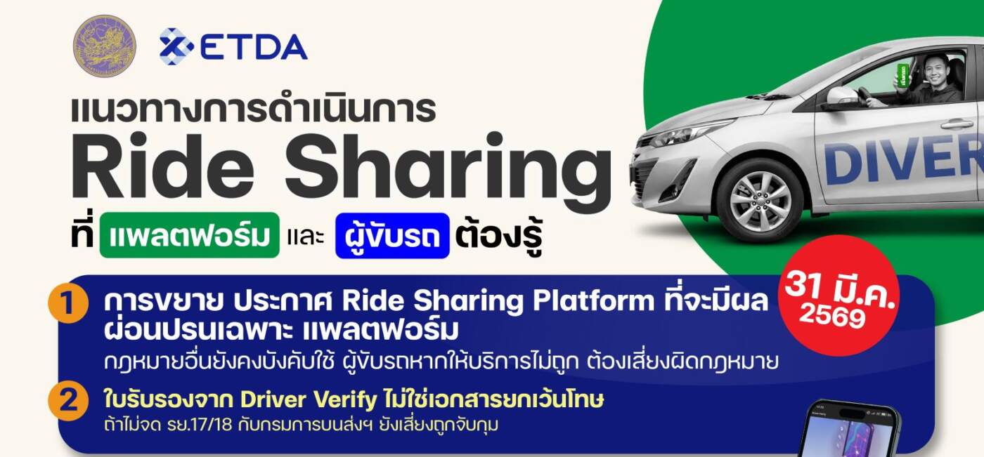 ดีเดย์ Ride Sharing! ขนส่งฯ ย้ำ 'แพลตฟอร์ม-ผู้ขับ' ต้องจดทะเบียนให้ถูกกฎหมายก่อน 31 มี.ค. 69