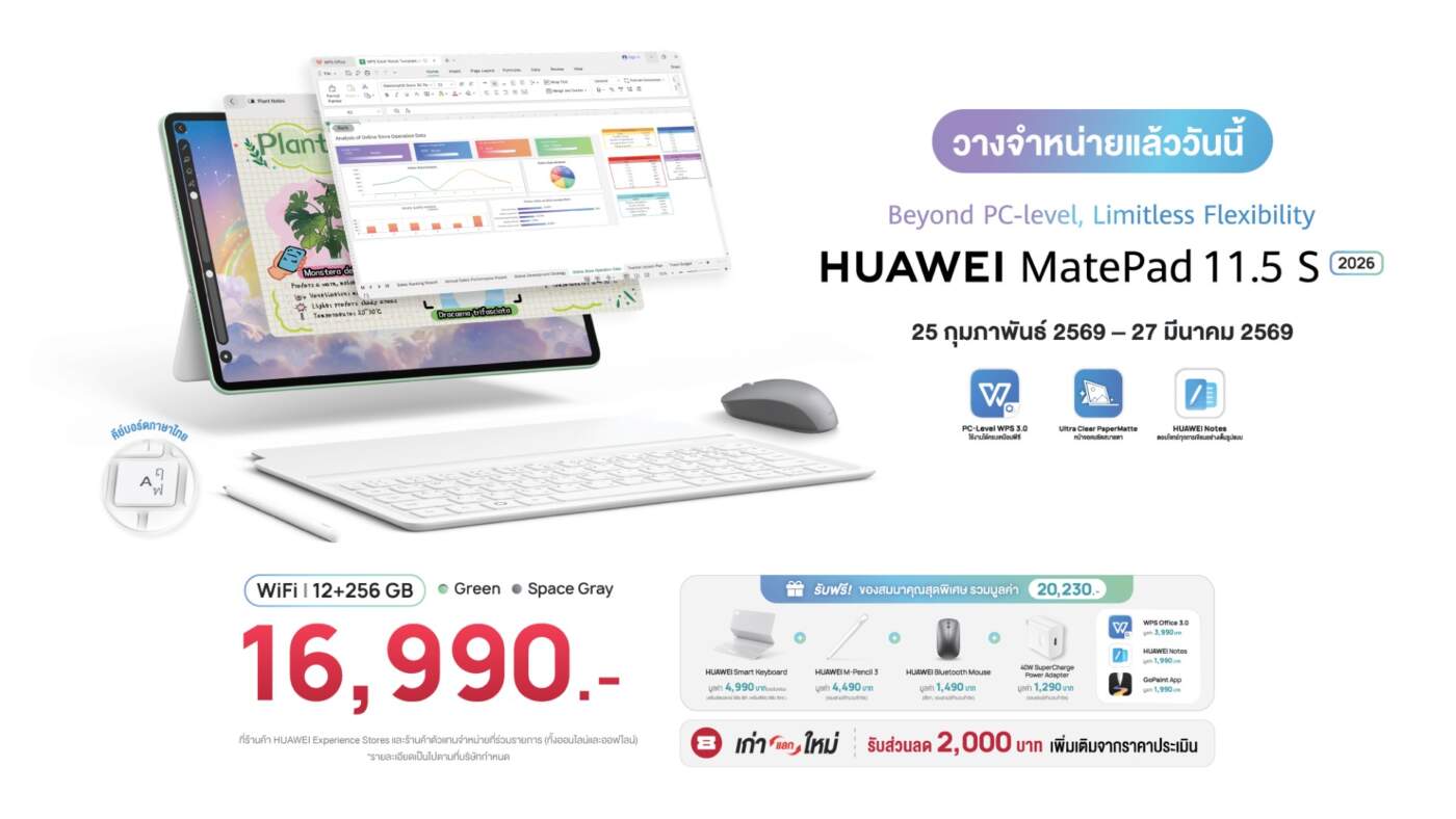 HUAWEI MatePad 11.5 S 2026 วางขายแล้ว! แท็บเล็ตจอไร้แสงสะท้อน สเปกแรงระดับ PC ในราคา 16,990 บาท