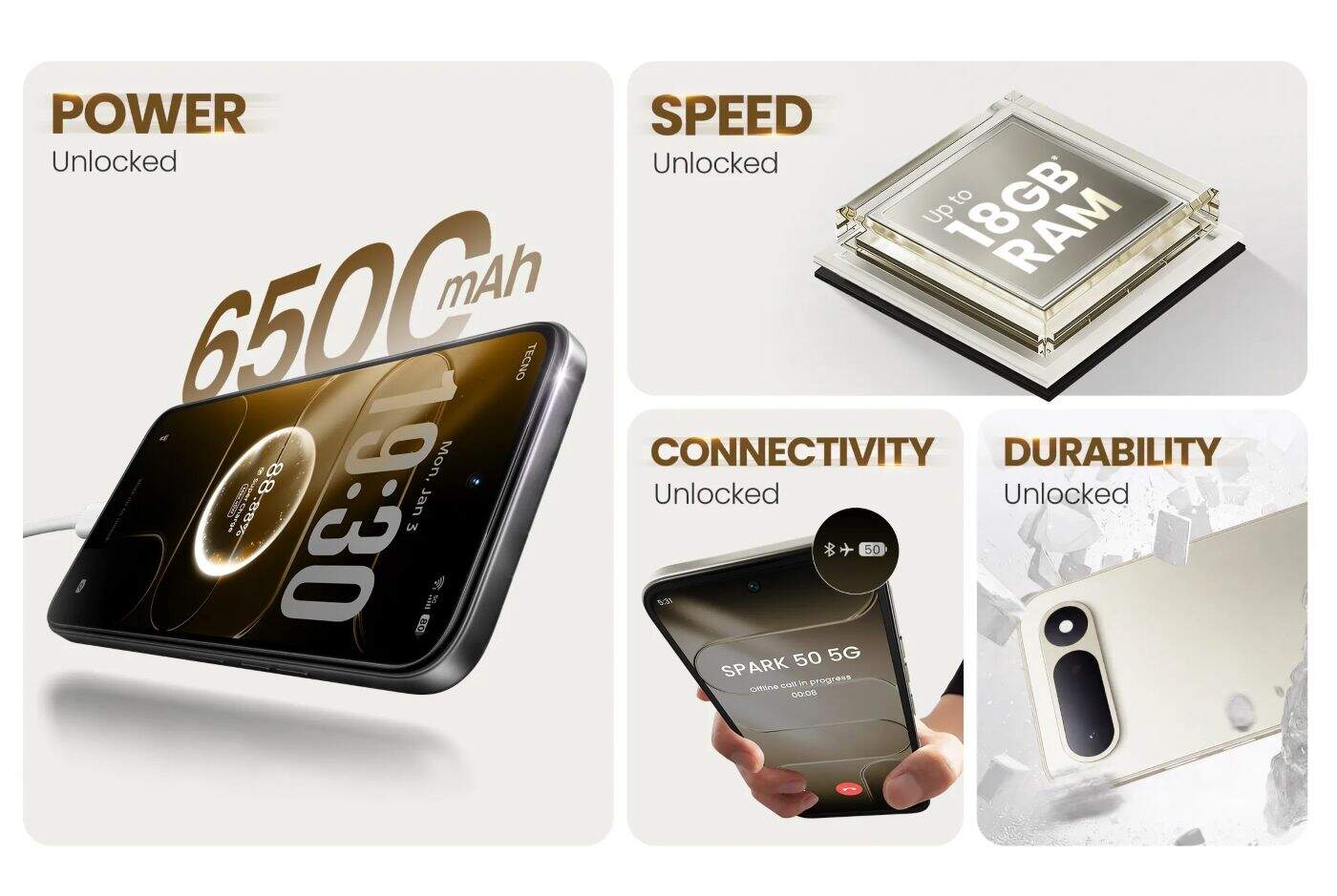 Tecno Spark 50 5G เปิดตัวดุ! อัดแบตยักษ์ 6500mAh ชิป Dimensity 6400 พร้อมมาตรฐานพันธุ์อึด MIL-STD