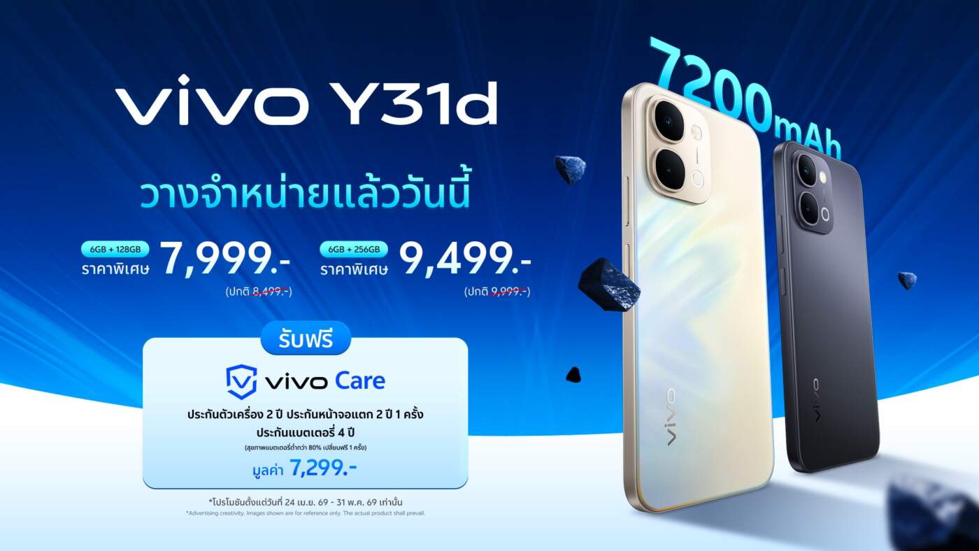 vivo Y31d เปิดตัวในไทย แบตยักษ์ 7200mAh กันน้ำ IP69 เริ่มต้นเพียง 7,999 บาท