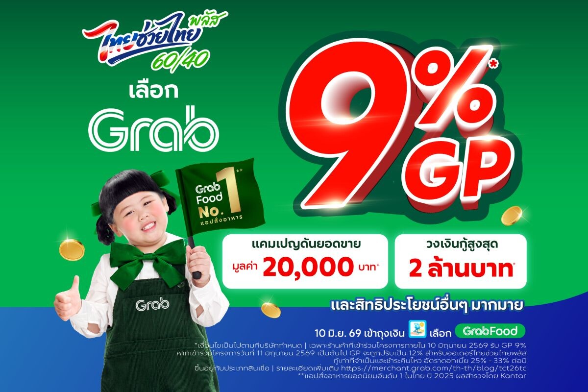 แกร็บ ขานรับ “ไทยช่วยไทยพลัส 60/40” หั่น GP เหลือ 9% อัดฉีดกู้สูงสุด 2 ล้าน ดันยอดขายร้านอาหาร