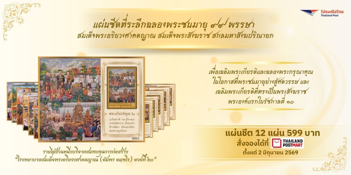ไปรษณีย์ไทย เปิดจองแสตมป์ที่ระลึก 99 พรรษา สมเด็จพระสังฆราช รายได้สมทบทุนสร้างโรงพยาบาล เริ่มขาย 19 มิ.ย. นี้