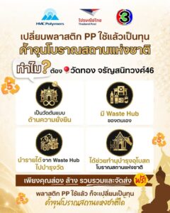 ไปรษณีย์ไทย ผนึก ช่อง 3 - HMC Polymers - วัดทอง ชวนส่งพลาสติก PP รีไซเคิล เปลี่ยนเป็นทุนบูรณะอุโบสถกรุงศรีอยุธยา